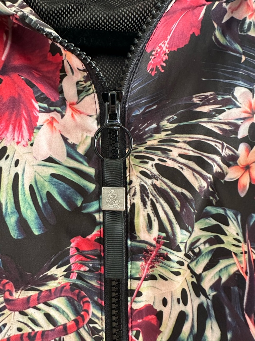 Paisley & Gray Black Hoodie Windbreaker Rain Jacket with Tropical Island Print - Picture 4 of 11